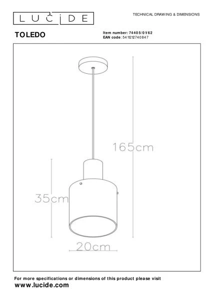 Lucide TOLEDO - Suspension - Ø 20 cm - 1xE27 - Ambre - TECHNISCH